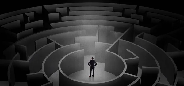 Businessman choosing between entrances in a middle of a dark maze — Stock Photo, Image