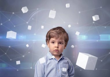 Cute kid with luminous cubes around clipart