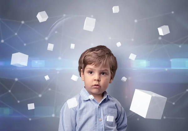 Lindo niño con cubos luminosos alrededor — Foto de Stock