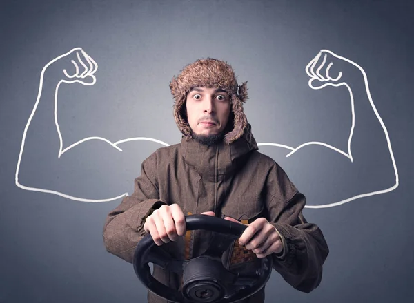 Man holding steering wheel — Stock Photo, Image