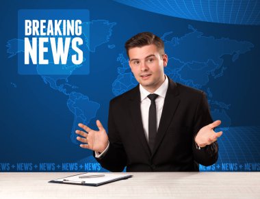 Televizyon sunucusu önünde Haberler modern arka plan mavi söylüyorum