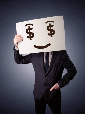 Aç gözlü duygu ile kağıt tutan işadamı 