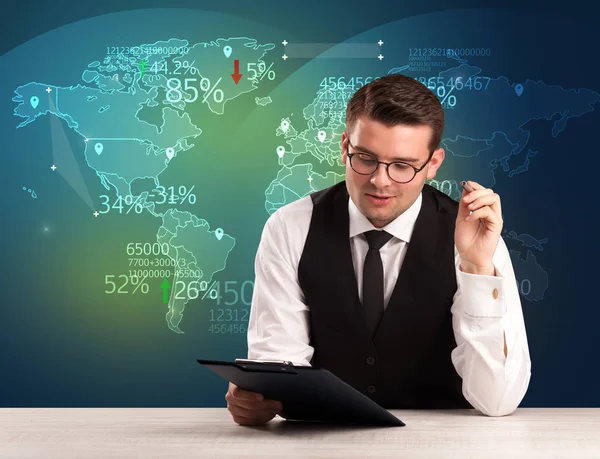 Trade market analyst is studio reporting world trading news with map concept — Stock Photo, Image