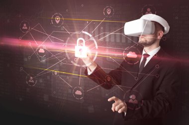 Adam ile 3d ağ kavramı kilidini Vr koruyucu gözlük