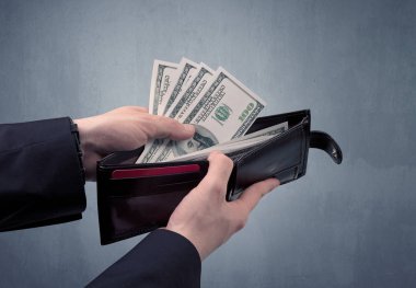 Takım elbise elinde Doları cüzdanından dışarı alır