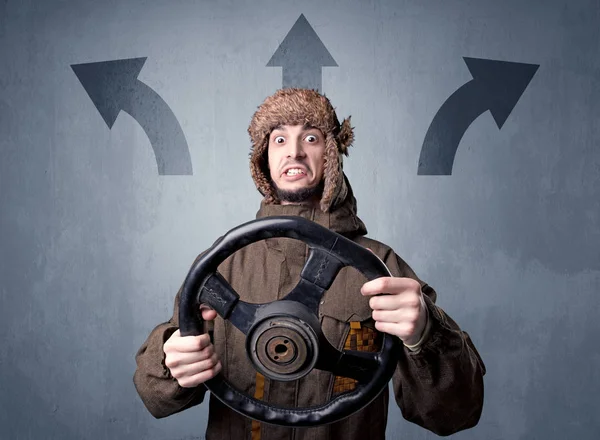 Man holding steering wheel — Stock Photo, Image