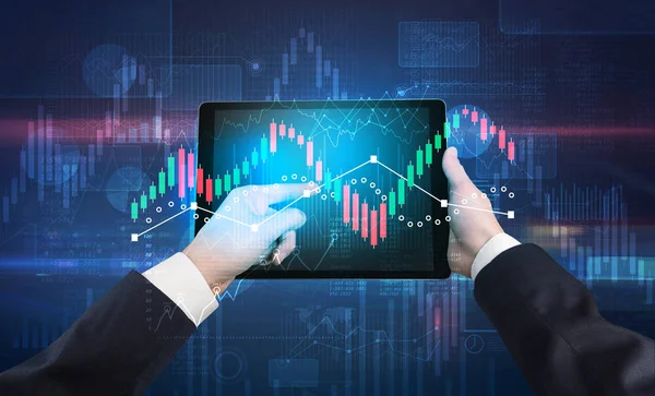 Hand holding tablet with global reports and stock market change concept — Stock Photo, Image