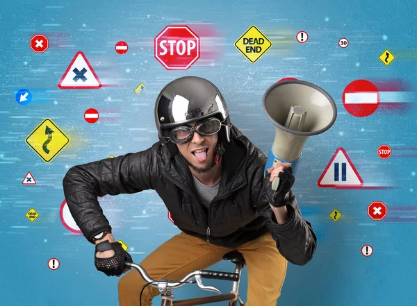 Stylish biker with highway code concept — Stock Photo, Image