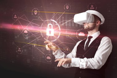 Adam ile 3d ağ kavramı kilidini Vr koruyucu gözlük