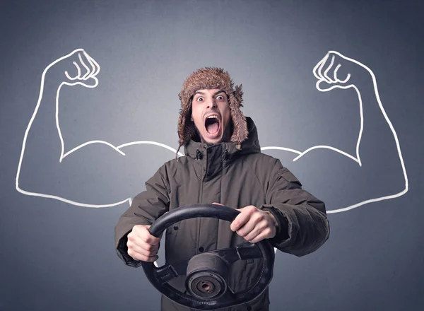 Man holding steering wheel — Stock Photo, Image