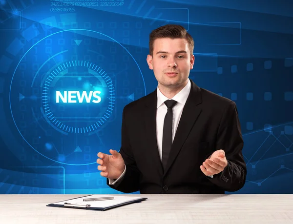 Modern televison presenter telling the news with tehnology background — Stock Photo, Image