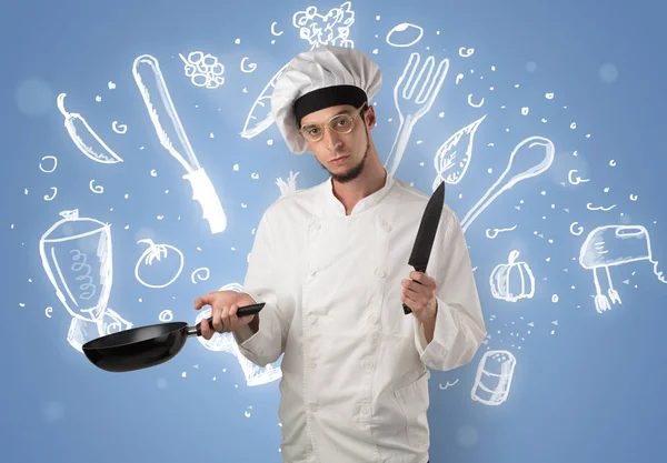 Jovem cozinheiro com giz desenho conceito de receita de sopa — Fotografia de Stock