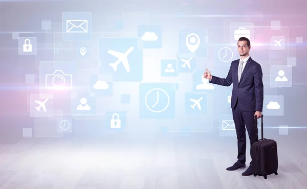 Businessman departs to a business trip with symbols — Stock Photo, Image