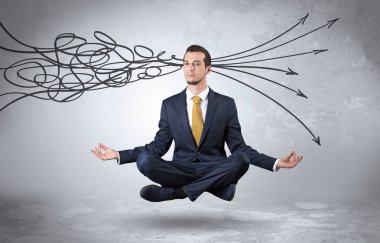 Businessman meditates with purifying doodle concept clipart