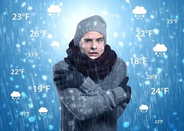 Boy freezing in warm clothing with weather condition concept