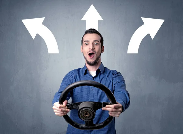 Man holding steering wheel — Stock Photo, Image