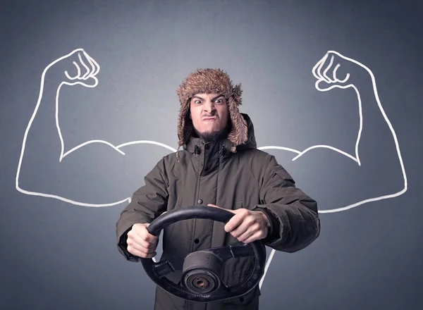 Man holding steering wheel — Stock Photo, Image