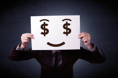 Aç gözlü duygu ile kağıt tutan işadamı 