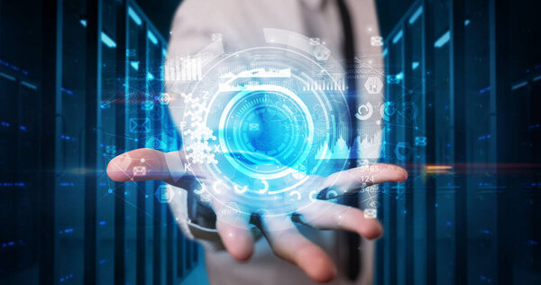 Man holding concentric hologram projection