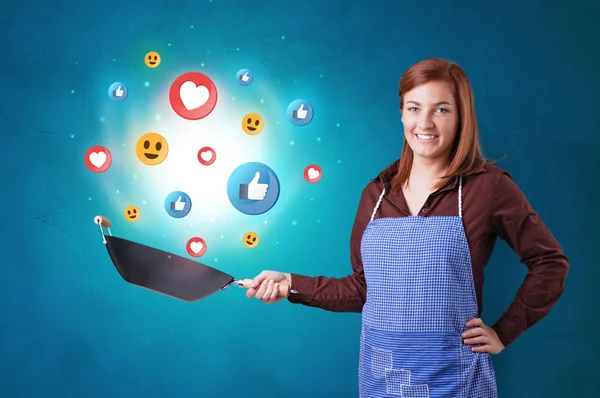 Person cooking social media concept in wok — Stock Photo, Image