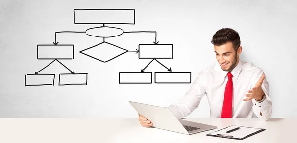 En försäljare som sitter vid Skriv bordet och presenterar organisations schema — Stockfoto