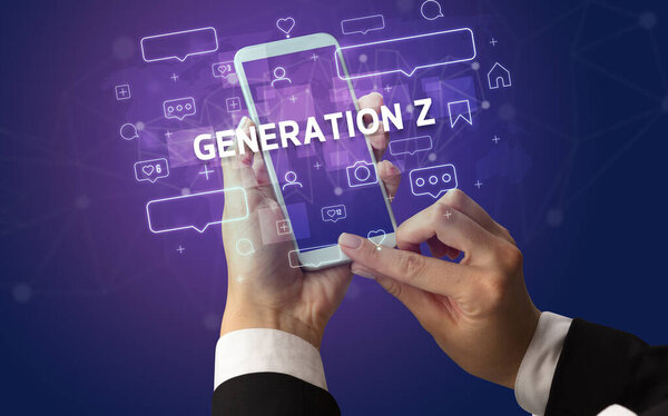 Hand using smartphone with social media concept