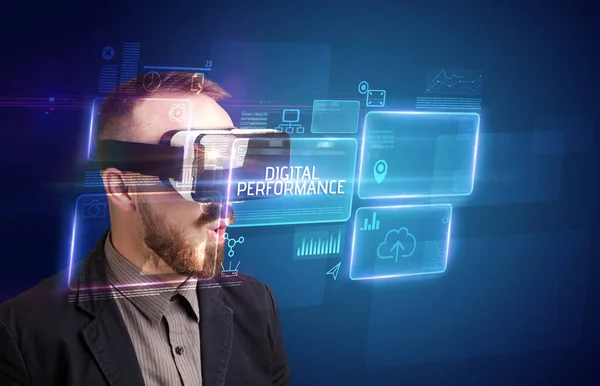 Businessman looking through Virtual Reality glasses, tech concept — Stock Photo, Image