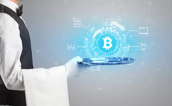 Waiter serving cryptocurrency concept — Stock Photo, Image