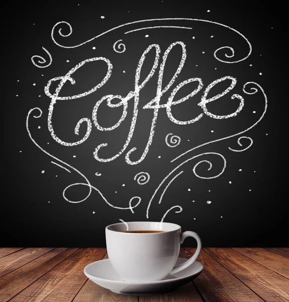 Parze filiżankę kawy z białym doodles — Zdjęcie stockowe