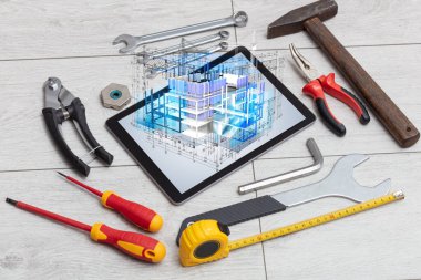 Tablet ve araçları 3d ev planı kavramı ile