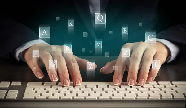 Woman typing on keyboard with letters around — Stock Photo, Image