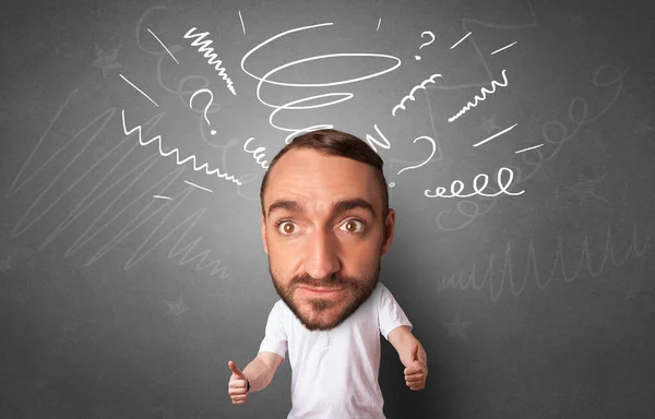 Big head on small body with blackboard and white chalk drawn on the background — Stock Photo, Image