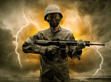Silahlı asker anlaşılması güç bir havada duran