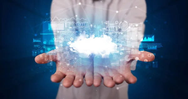 Holding cloud system hologram screen — Stock Photo, Image