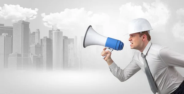 stock image Architect standing and yelling to far big city panorama