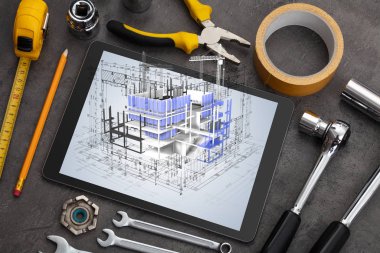 Tablet ve araçları 3d ev planı kavramı ile