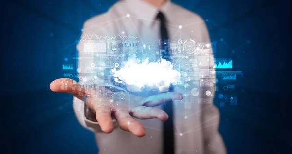 Holding cloud system hologram screen — Stock Photo, Image