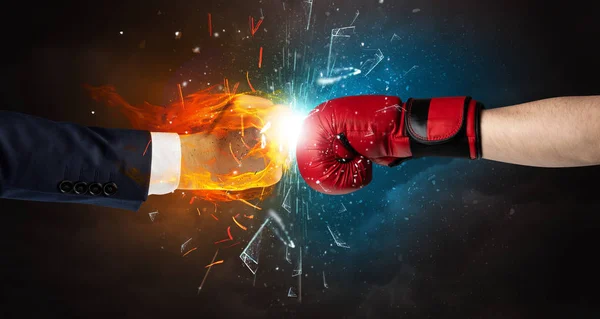 Fighting hands breaking glass with fire and water — Stock Photo, Image