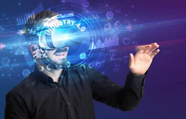 Businessman looking through VR glasses — Stock Photo, Image