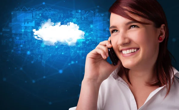 Person talking on the phone with cloud technology concept — Stock Photo, Image