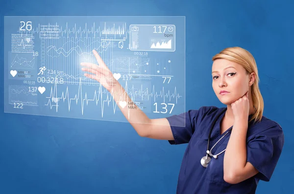 Person touching light blue hologram screen — Stock Photo, Image