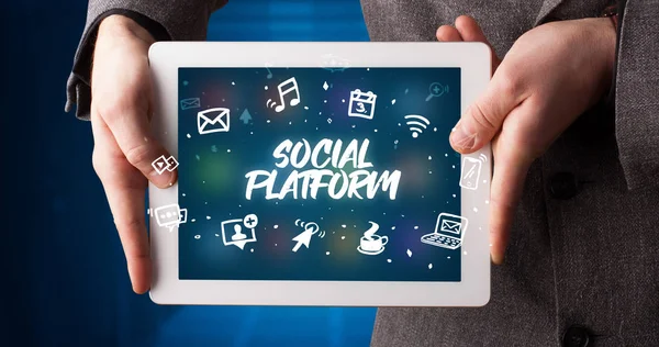 Person holding tablet, social network concept — Stock Photo, Image