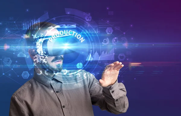 Businessman looking through VR glasses — Stock Photo, Image