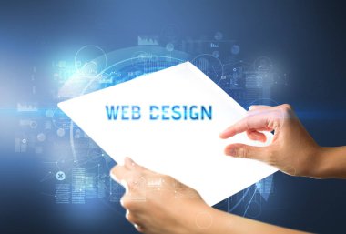 El işi fütüristik tablet, teknoloji konsepti.