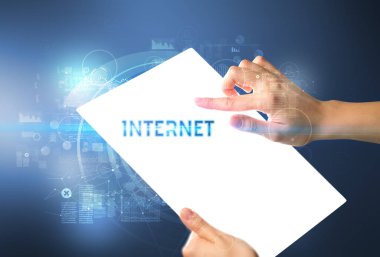 El işi fütüristik tablet, teknoloji konsepti.