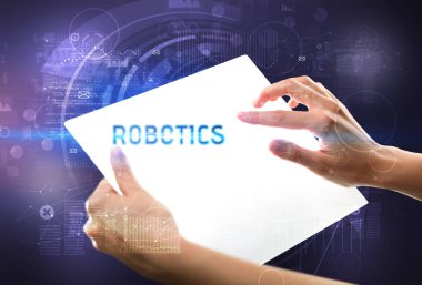 El işi fütüristik tablet, teknoloji konsepti.