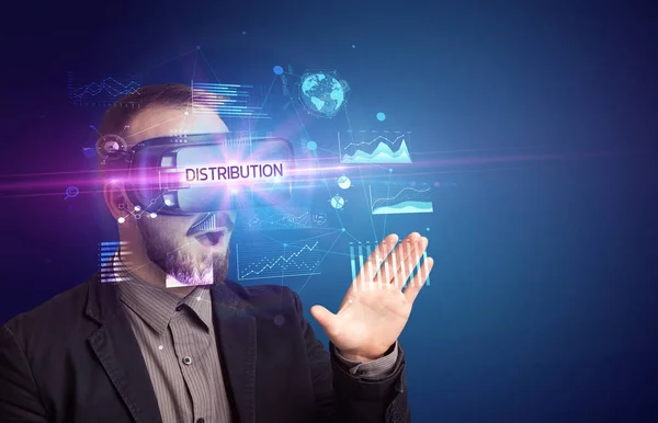 Businessman looking through Virtual Reality glasses — Stock Photo, Image