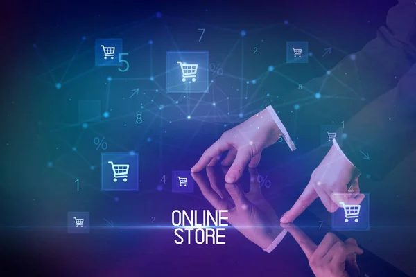 Online vásárlási koncepció bevásárlókosár ikonokkal — Stock Fotó