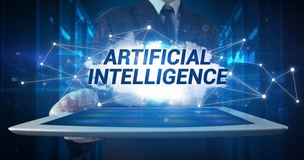 Person holding tablet, technology concept