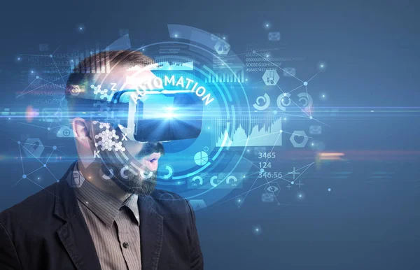 Businessman looking through VR glasses — Stock Photo, Image